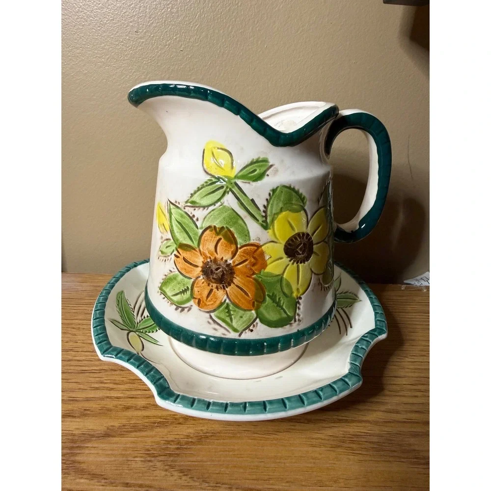 Vintage Japan Ceramic Pitcher and Basin Set Floral Sunflower Yellow Green 2258A